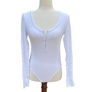 Aerie Henley Ribbed White Long Sleeve Body Suit with Eye Hook V Neck Medium